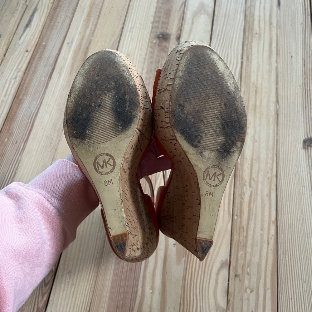 Michael Kors Orange Ostrich Embossed Cork Platform Ariana Wedge Sandals 8M y2k - Picture 7 of 7